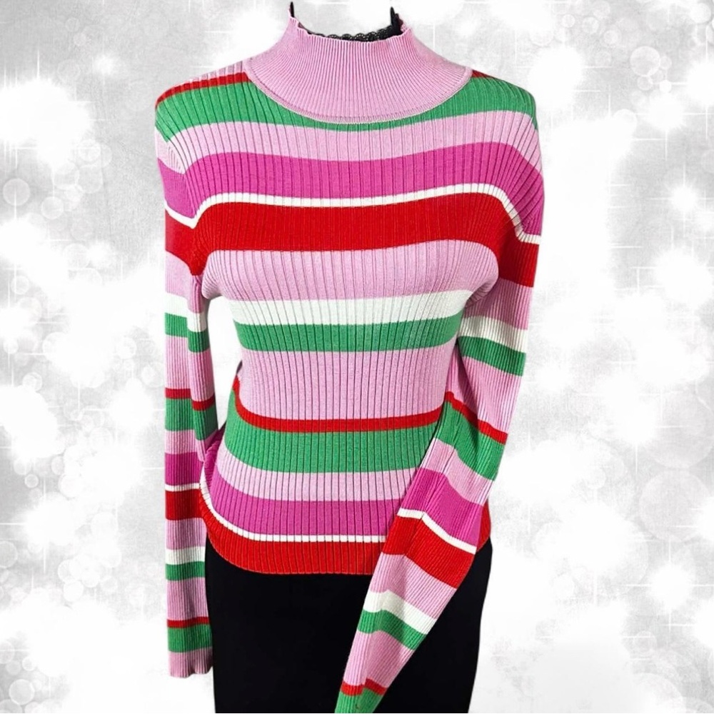 Y2K 90s Aesthetic Barbiecore Long Sleeve Turtle Neck Striped Top - Picture 1 of 7